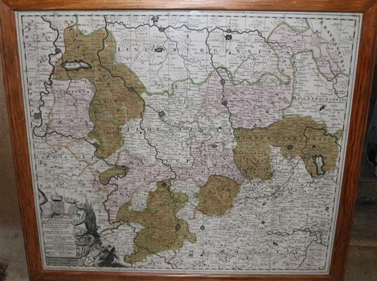 Homann map, Belgii Universi, Danckerts regional map of Germany (both framed) & a portfolio of various loose maps, facsimiles etc
